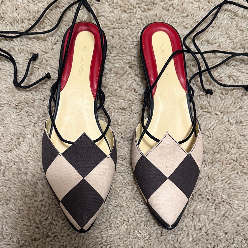 Tory Burch Black and Beige Diamond-Print Pointed Slingback Flats with Red Insole